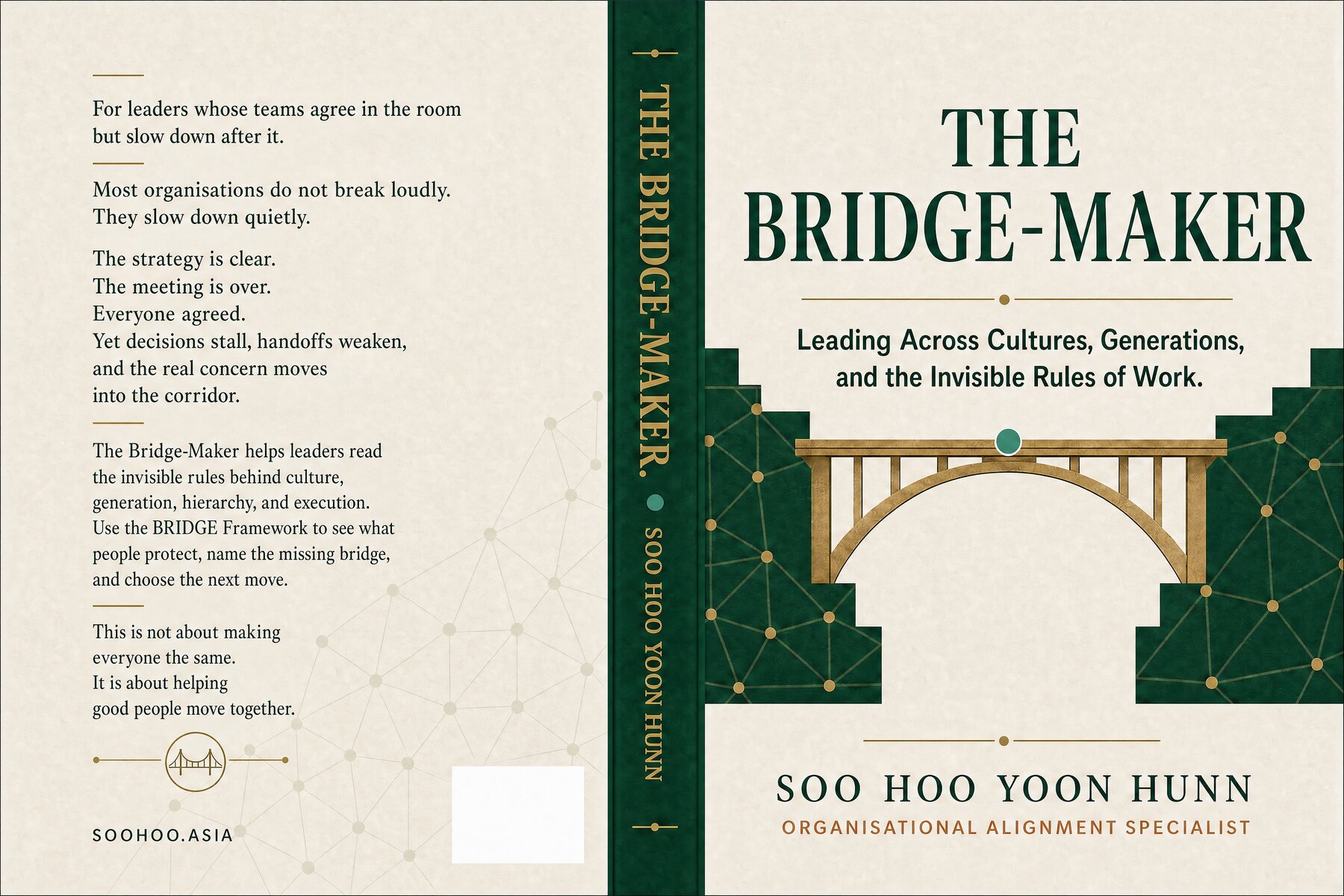 Full back cover, spine, and front cover of The Bridge-Maker