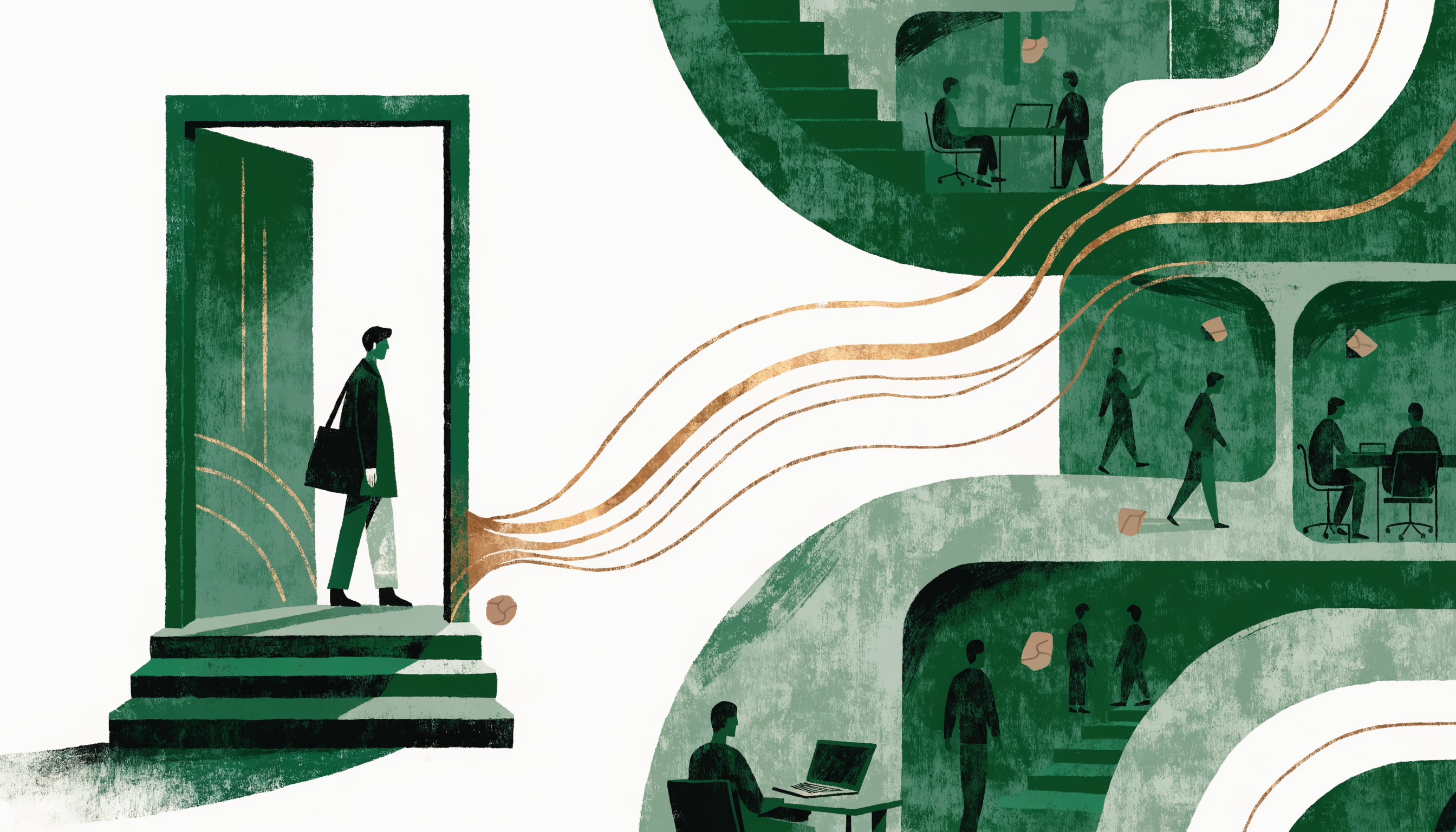 A diagnostic doorway with bridge-lines carrying a stuck workplace issue toward clarity